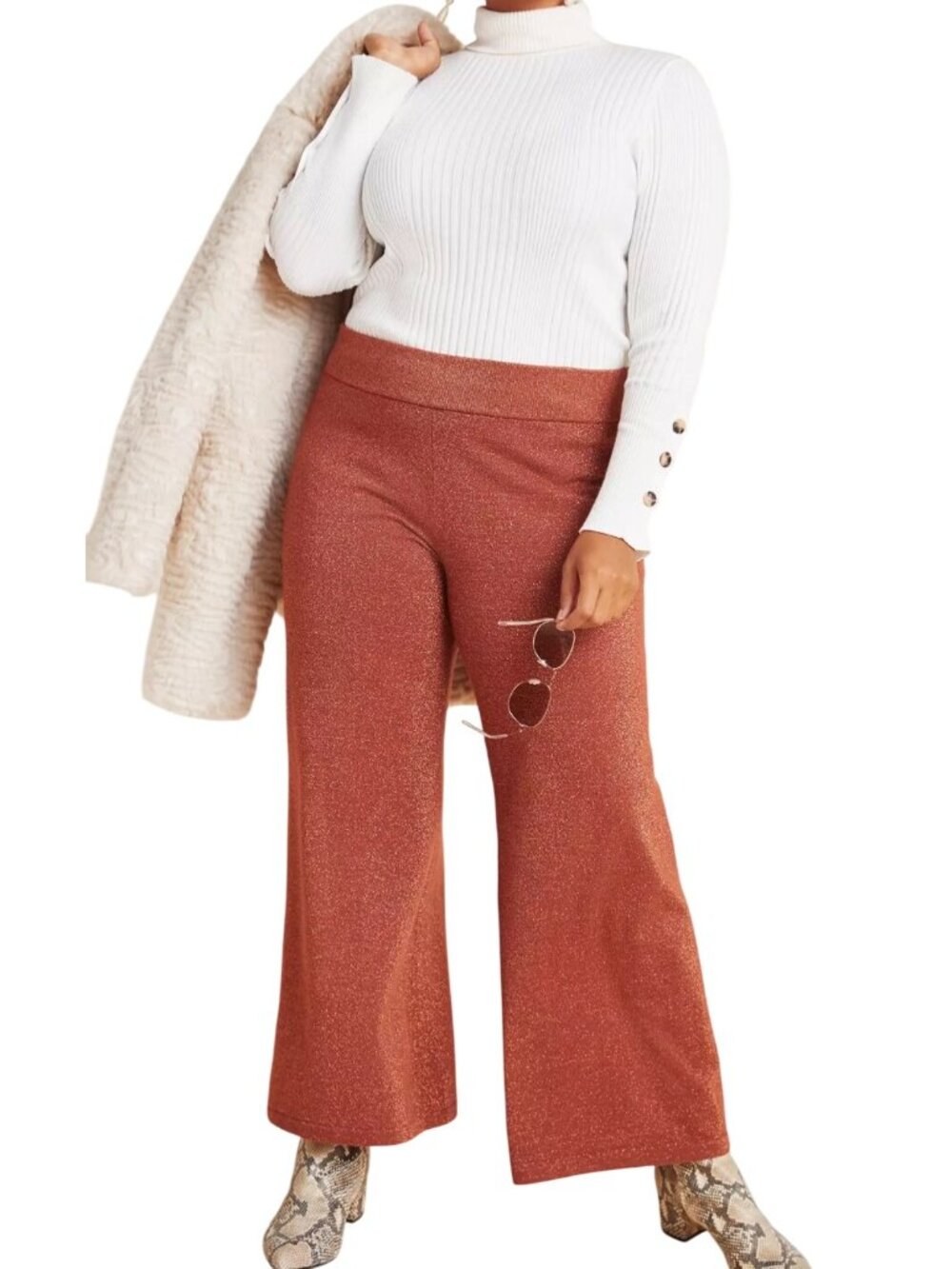 Anthropologie Soho Shimmer Knit Wide‎ Leg Pants Sz MED Fall Metallic Pull On